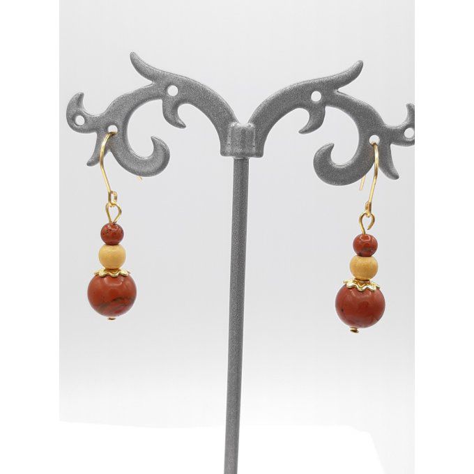 Boucles d'oreilles en jaspe rouge ,bois clair et acier doré