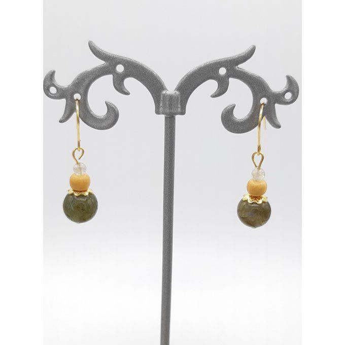 Boucles d'oreilles en labradorite ,bois clair et acier doré