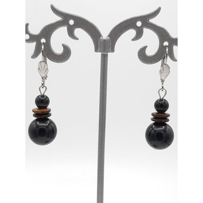 Boucles d'oreilles en onyx ,noix de coco et acier inoxydable 