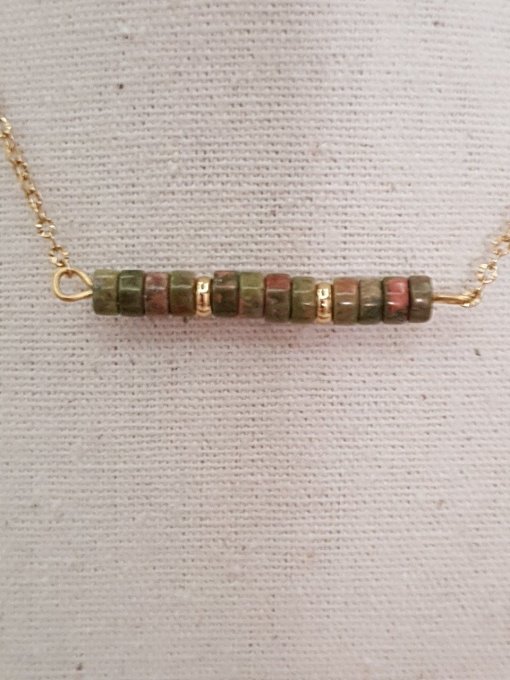 Collier en unakite et acier inoxydable doré