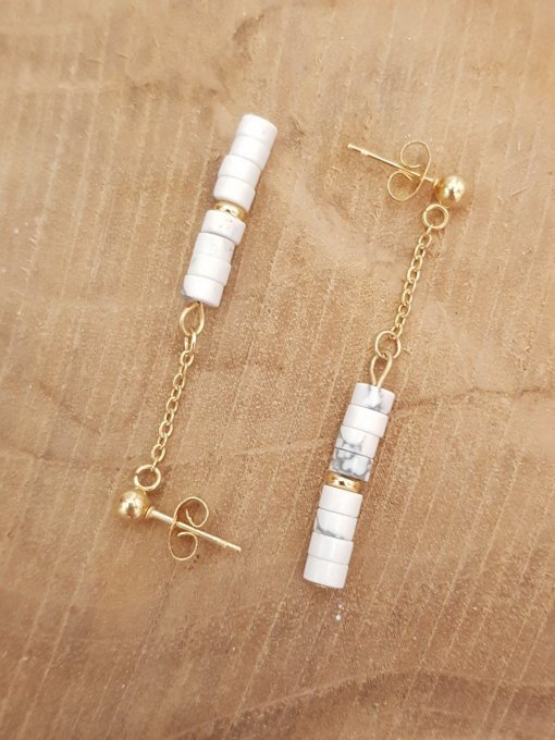 Boucles d'oreilles  en howlite et acier inoxydable doré