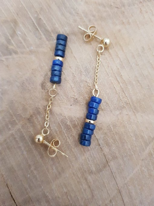 Boucles d'oreilles  en lapis-lazuli et acier inoxydable doré  