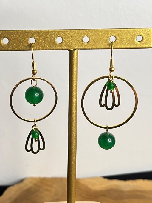 Boucles d'oreilles en agate verte et acier inoxydable doré