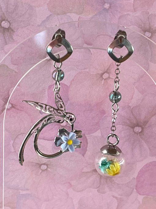 Boucles d'oreilles colibri asymétriques argentées