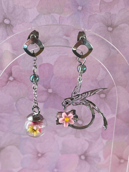 Boucles d'oreilles colibri asymétriques argentées