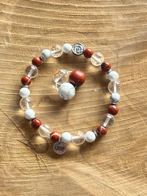 Bracelet en cristal de roche, howlite et jaspe rouge