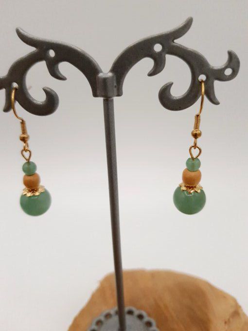 Boucles d'oreilles en aventurine verte, bois clair et acier doré  