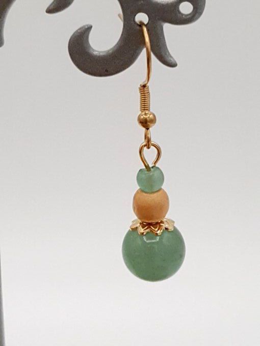 Boucles d'oreilles en aventurine verte, bois clair et acier doré  