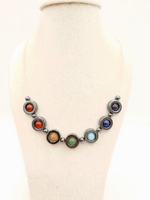 Collier en acier inoxydable, hématite et pierres des 7 chakras