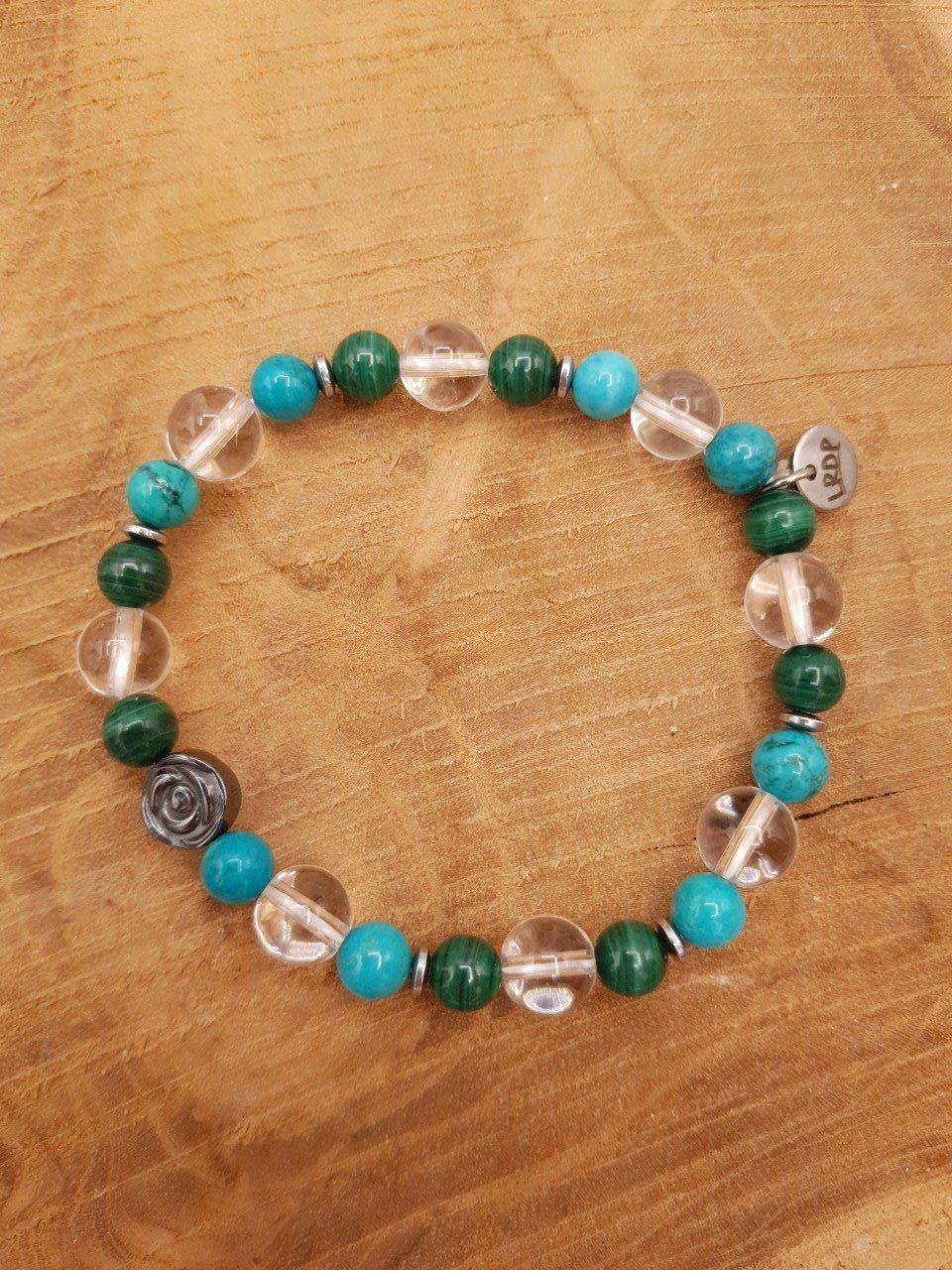 Bracelet en turquoise, malachite et cristal de roche