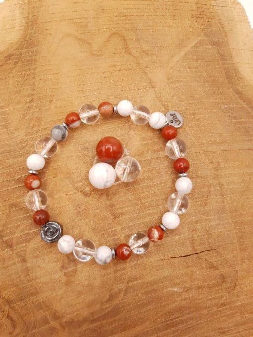 Bracelet en cristal de roche, howlite et jaspe rouge