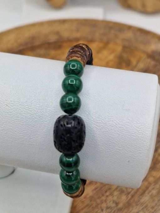 Bracelet en malachite, pierre de lave et noix de coco