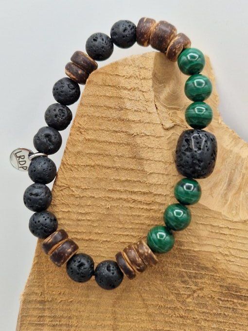 Bracelet en malachite, pierre de lave et noix de coco