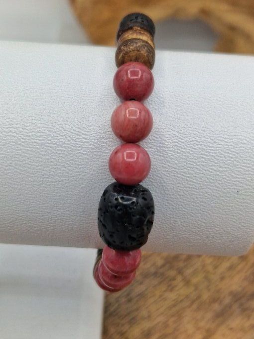 Bracelet en rhodonite, pierre de lave et noix de coco