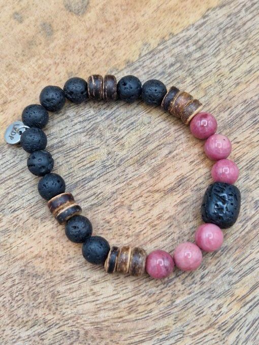 Bracelet en rhodonite, pierre de lave et noix de coco