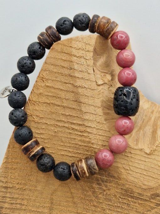 Bracelet en rhodonite, pierre de lave et noix de coco