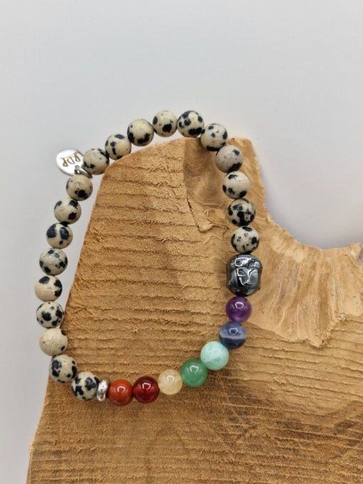 Bracelet des 7 chakras en jaspe dalmatien 