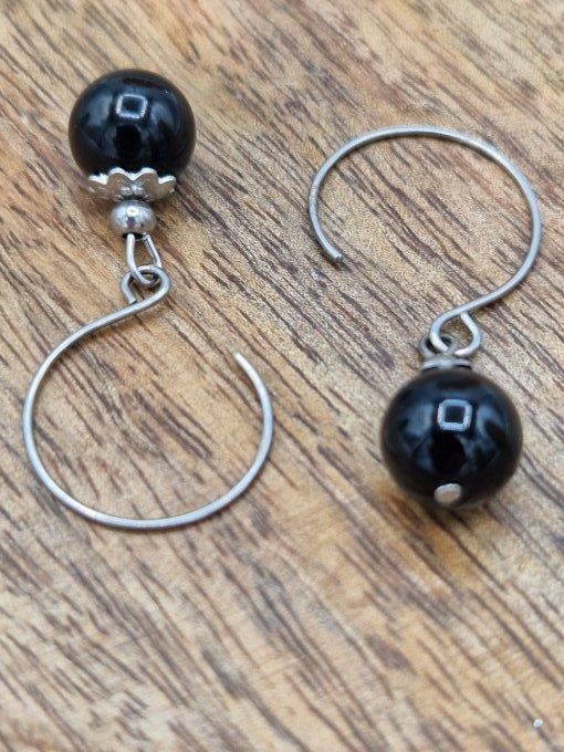 Boucles d'oreilles en onyx et acier inoxydable argenté