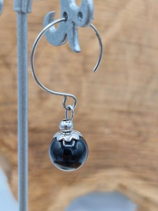 Boucles d'oreilles en onyx et acier inoxydable argenté