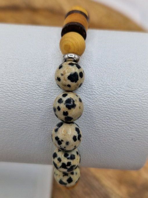 Bracelet en jaspe dalmatien, bois de santal et noix de coco 