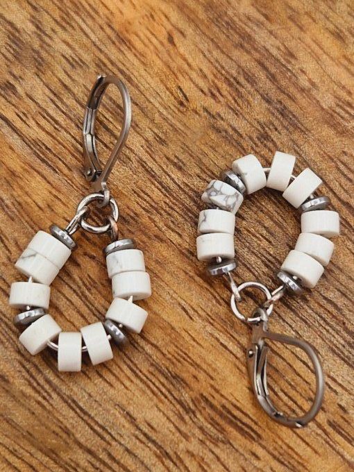 Boucles d'oreilles en howlite et acier inoxydable argenté  