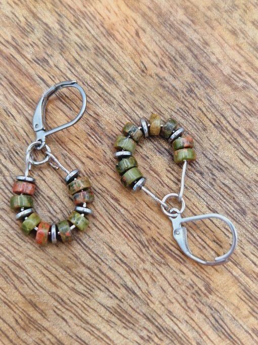 Boucles d'oreilles  en unakite et acier inoxydable