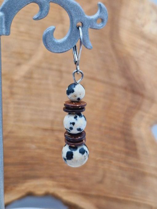 Boucles d'oreilles en jaspe dalmatien, noix de coco et acier inoxydable