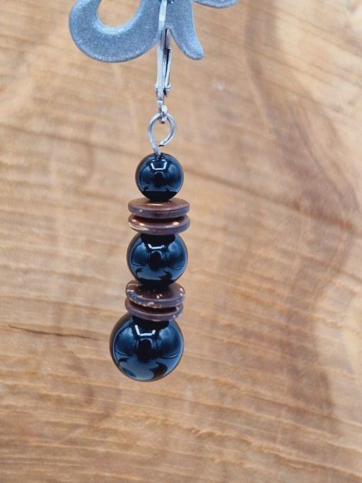 Boucles d'oreilles en onyx ,noix de coco et acier inoxydable