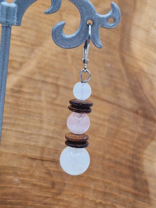 Boucles d'oreilles en quartz rose,noix de coco et acier inoxydable