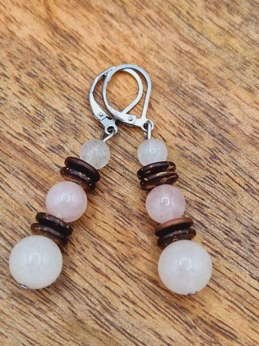 Boucles d'oreilles en quartz rose,noix de coco et acier inoxydable