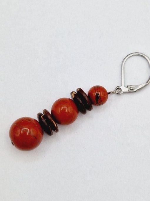 Boucles d'oreilles en jaspe rouge ,noix de coco et acier inoxydable